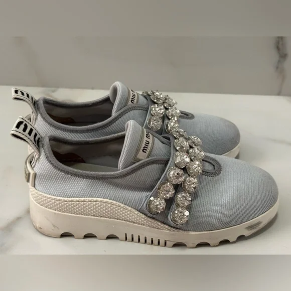 Miu Miu Grey Crystal Embellished Slip-On Sneakers Size 36.5 - Picture 11 of 14